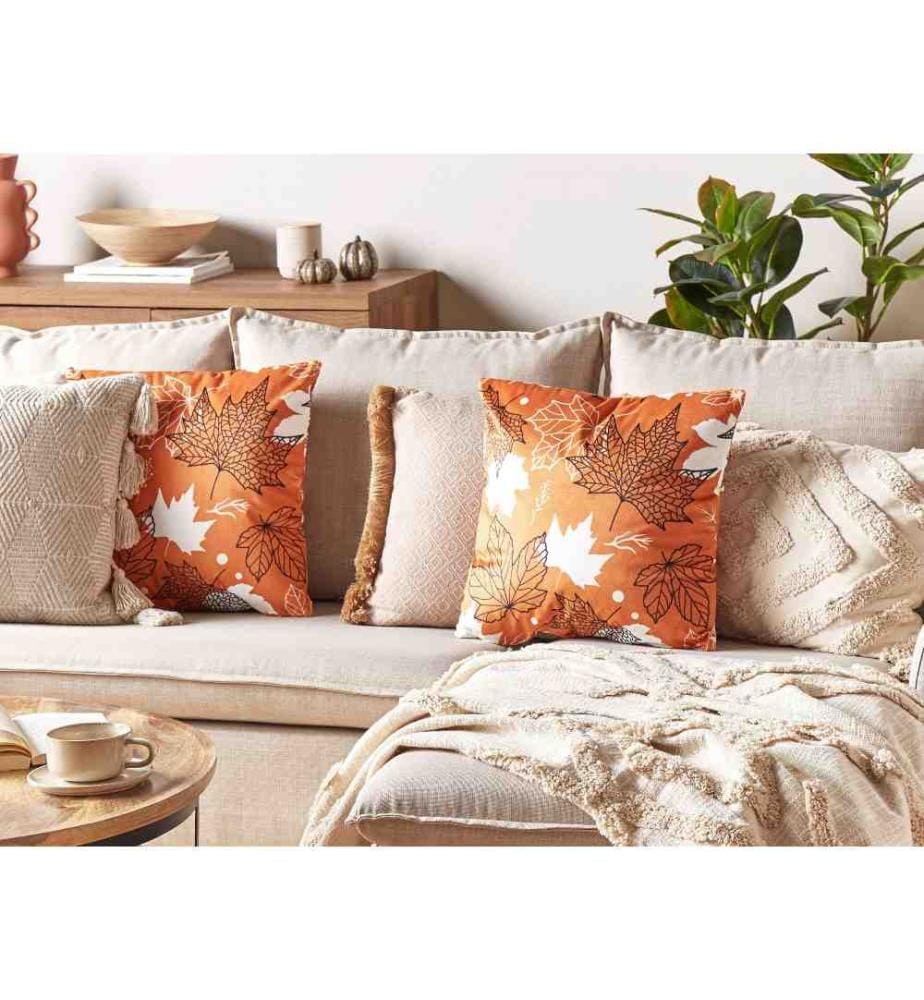 Coussins Orange en Velours 45 x 45 cm Décoratif à Motif de Feuilles pour Salon et Chambre Accessoire de Maison Lot de 2