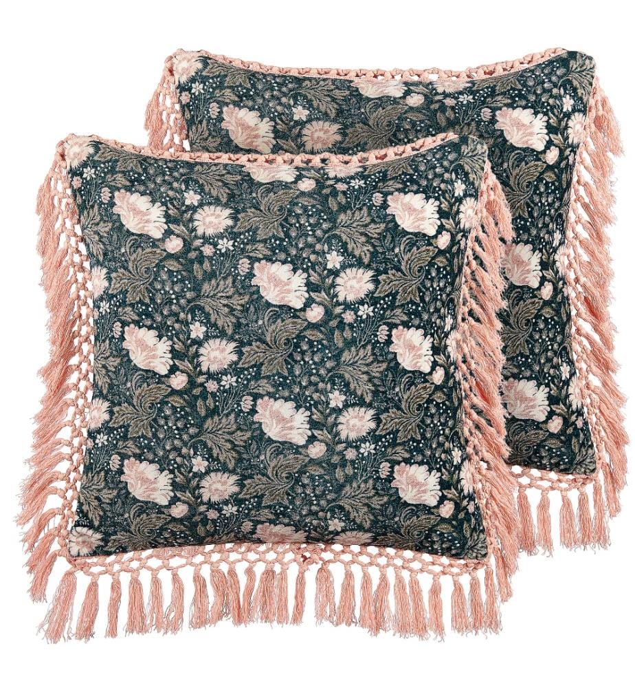 Coussins Décoratifs Rose et Vert en Velours 45 x 45 cm à Motif Floral Imprimé à Pompons Déco Moderne et Glamour pour Intérieur