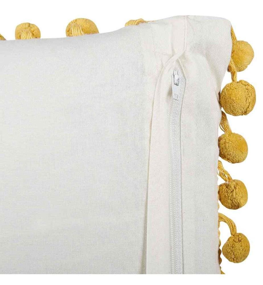 Coussins Décoratifs Jaune en Coton 45 x 45 cm à Motif Floral Housse Amovible avec Remplissage Impression par Bloc et Pompons Lot de 2