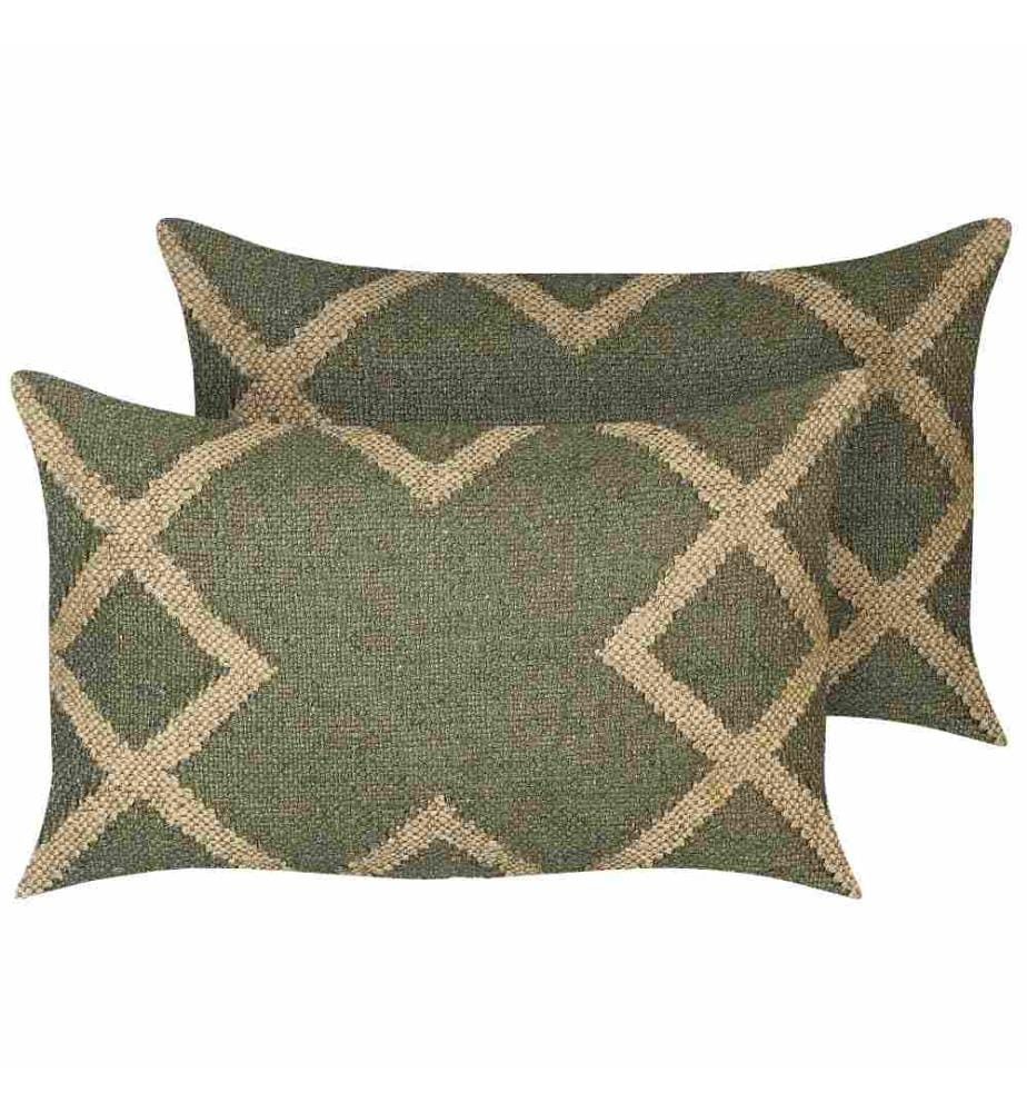 Coussins Vert et Beige en Jute et Laine 30 x 50 cm à Motif Oriental Style Kilim Couleurs Délavées Rembourré pour Intérieur Lot de 2