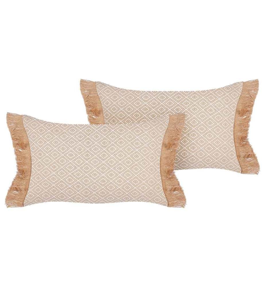 Lot de 2 Coussins Décoratifs Beige en Polyester 30 x 50 cm avec Franges Houppes Motif Géométrique Salon et Chambre Moderne Traditionnel