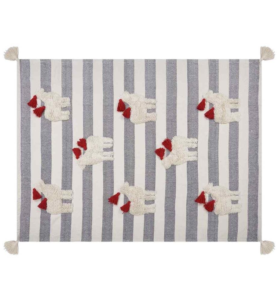 Plaid Blanc et Gris en Coton 125 x 150 cm Couvre-Lit à Rayures et Chevaux Brodés Couvre-Lit pour Enfant Chambre