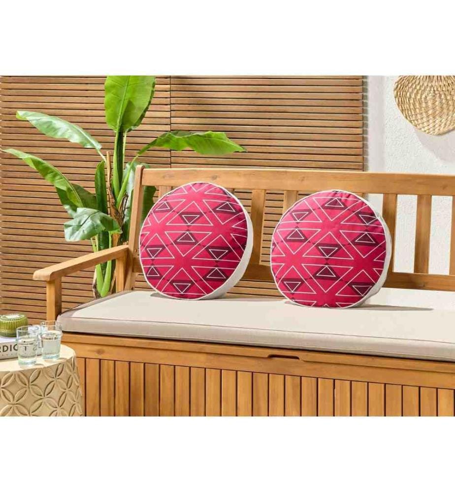 Set aus 2 fuchsiafarbenen Polyester-Gartenkissen mit geometrischem Muster, 40 cm rund, modern und wasserfest.