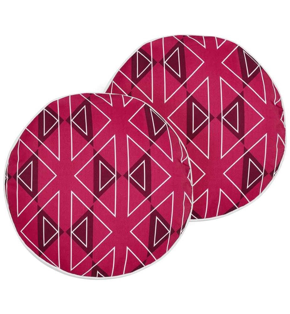 Set aus 2 fuchsiafarbenen Polyester-Gartenkissen mit geometrischem Muster, 40 cm rund, modern und wasserfest.