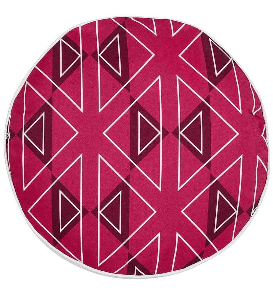 Set aus 2 fuchsiafarbenen Polyester-Gartenkissen mit geometrischem Muster, 40 cm rund, modern und wasserfest.