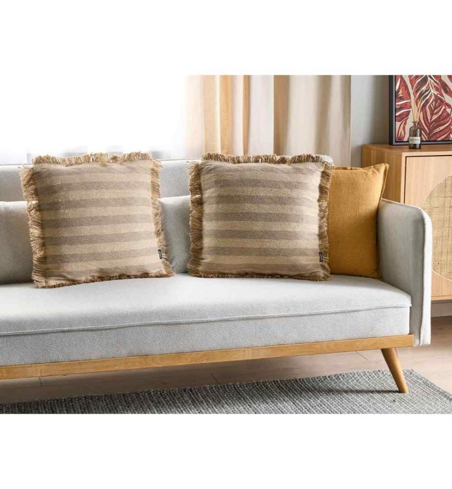 Dekokissen 2er Set Beige Gestreift aus Jute Baumwolle 45 x 45 cm Quadratisch Fransen Deko Dekoration Wohnaccessoires Wohnzimmer Schlafzimmer