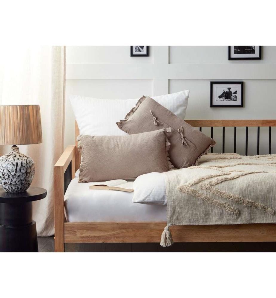 Lot de 2 Coussins Marron Clair en Lin 30 x 45 cm avec Franges et Noeuds Décoratifs