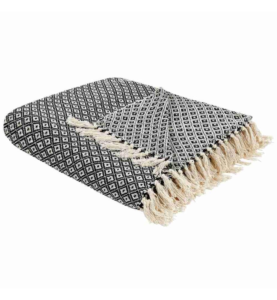 Kuscheldecke Schwarz und Weiss Baumwolle 200 x 220 cm Modern mit Fransen Handgewebt Schlafzimmer Wohnzimmer Accessoire Deko Überwurf Wohndecke