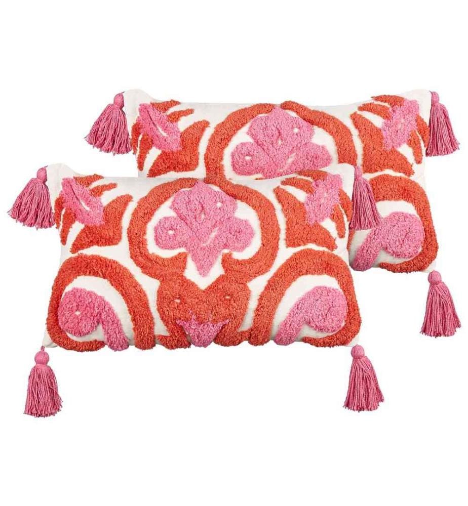 Set de 2 coussins décoratifs roses et rouges en coton avec glands Touffeté 30 x 50 cm Rectangulaire Housse amovible pour chambre d'adolescent Chambre d'enfant