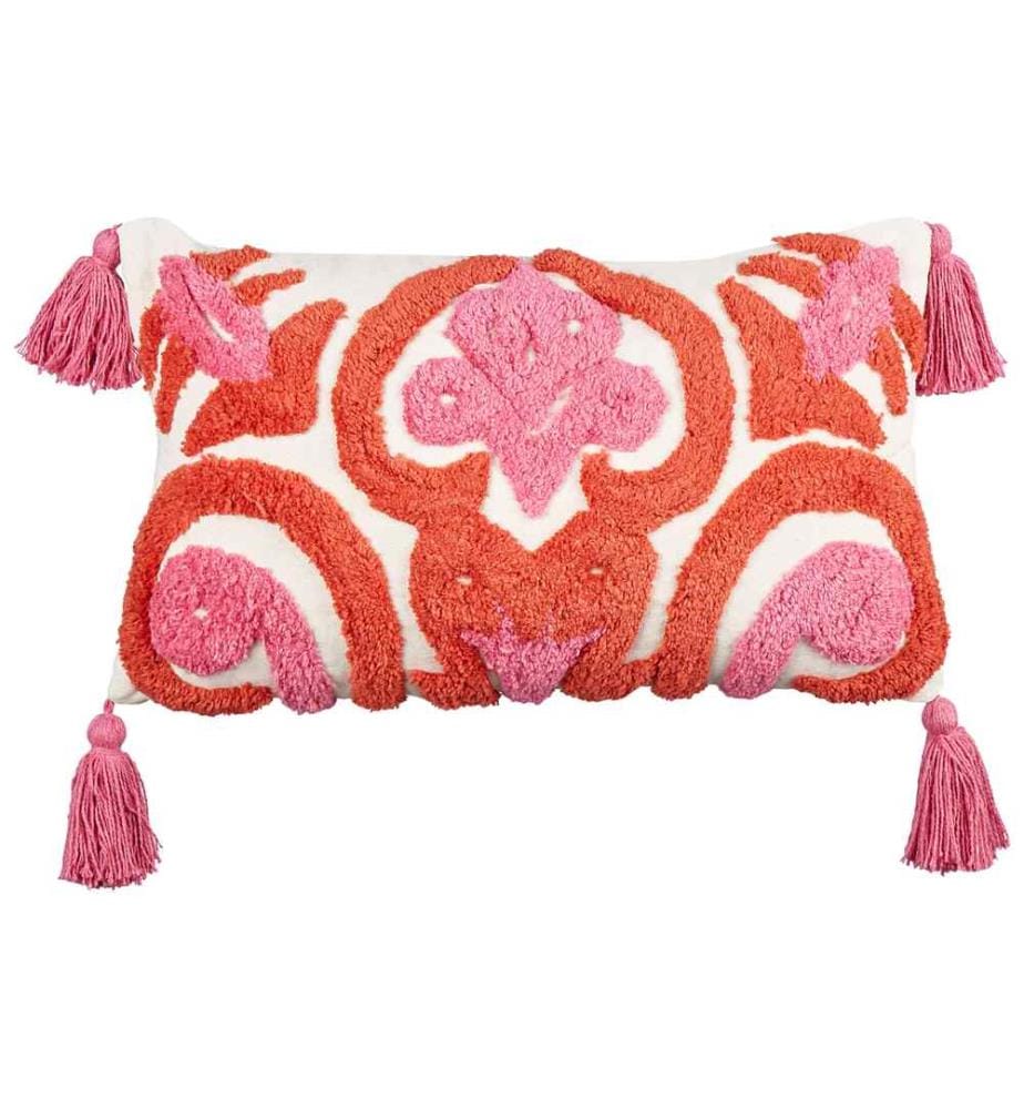 Set de 2 coussins décoratifs roses et rouges en coton avec glands Touffeté 30 x 50 cm Rectangulaire Housse amovible pour chambre d'adolescent Chambre d'enfant