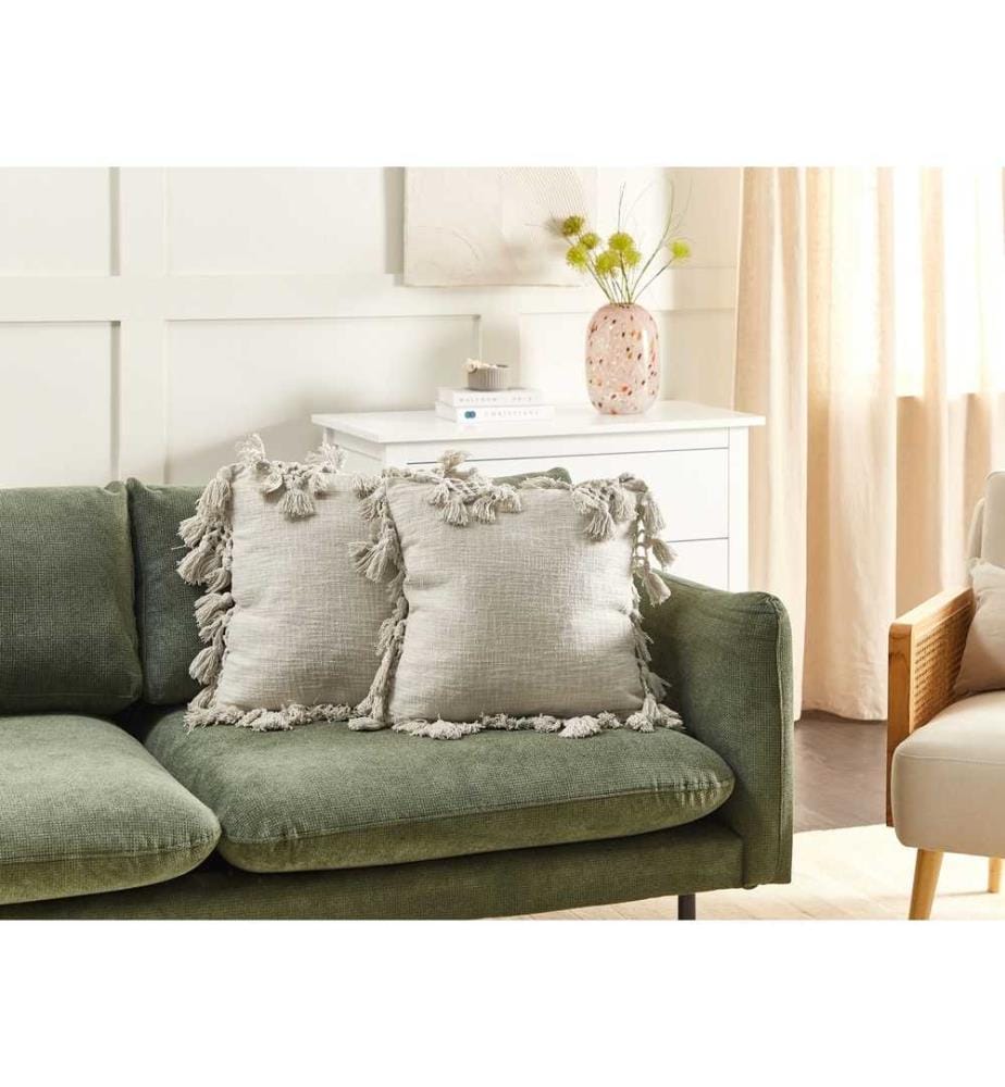 Dekokissen 2er Set Beige Stoffbezug mit Füllung Biese 60x60 cm Quadratisch Einfarbig Ohne Muster Modern Sofa Bett Wohnzimmer Schlafzimmer