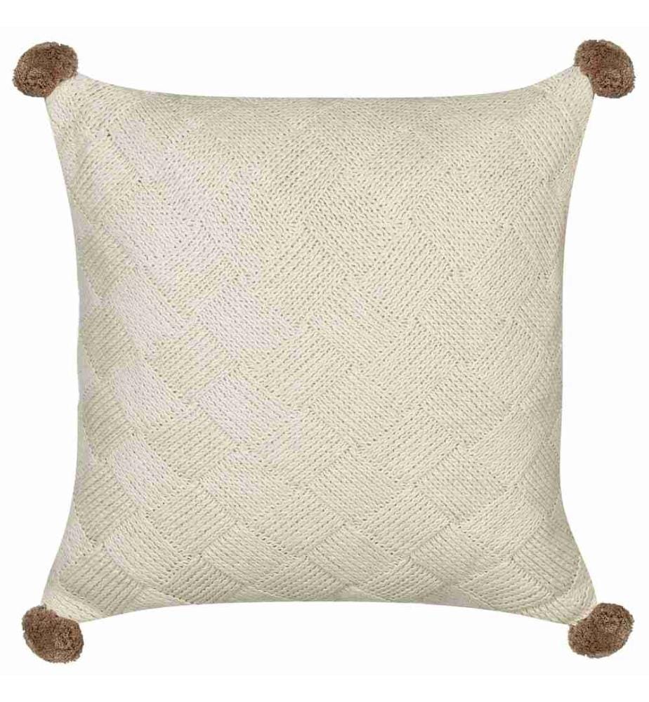 Dekokissen 2er Set Beige aus Baumwolle 45 x 45 cm Quadratisch mit Flechtmuster Pompons Modern Deko Sofa Sessel Bett Wohnzimmer Schlafzimmer