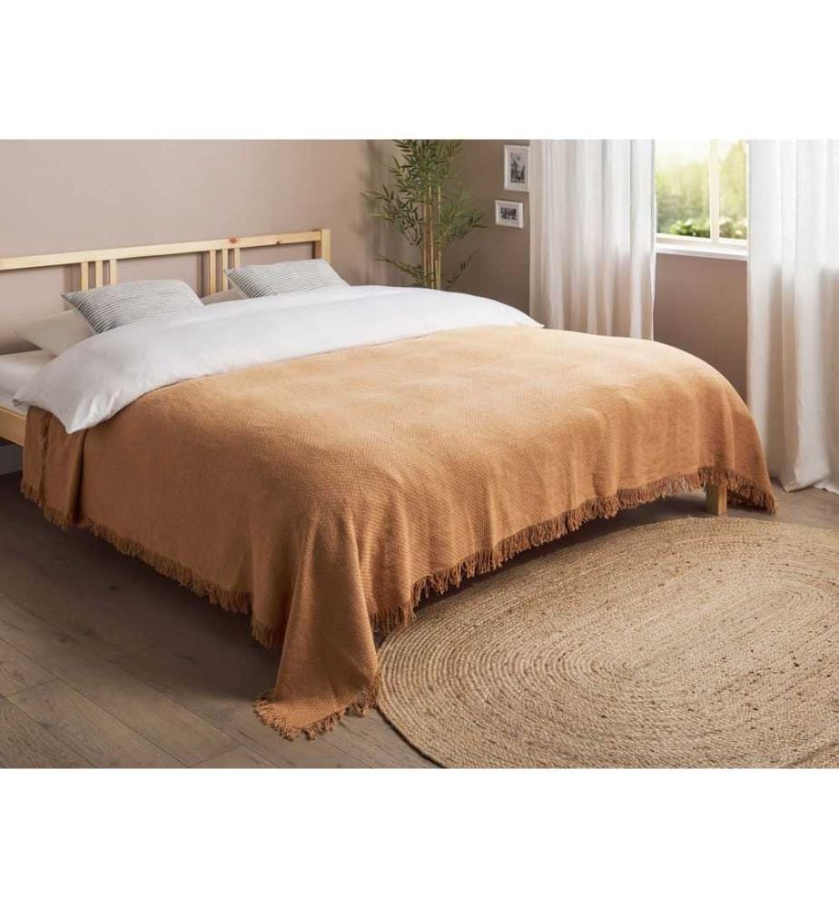 Couvre-lit Marron en Coton 220 x 240 cm avec Franges Couverture Décoratif Chambre à Coucher