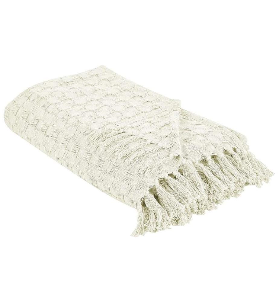 Couvre-Lit Plaid Couverture Blanc Cassé en Coton 150 x 200 cm avec Franges Décoratif Chambre à Coucher