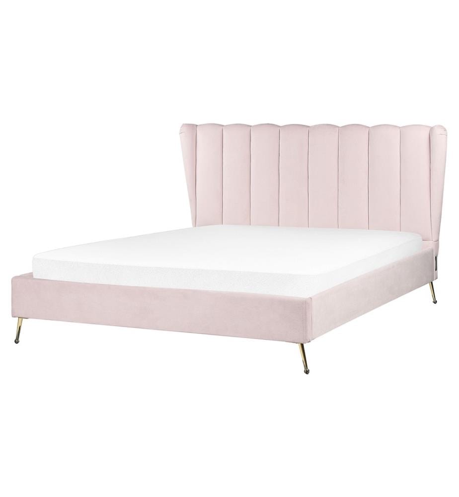 Polsterbett Rosa aus Samt 160 x 200 cm mit USB-Anschluss Hohes Kopfteil Goldene Beine Elegant Modern Luxuriös Samtbett für Schlafzimmer