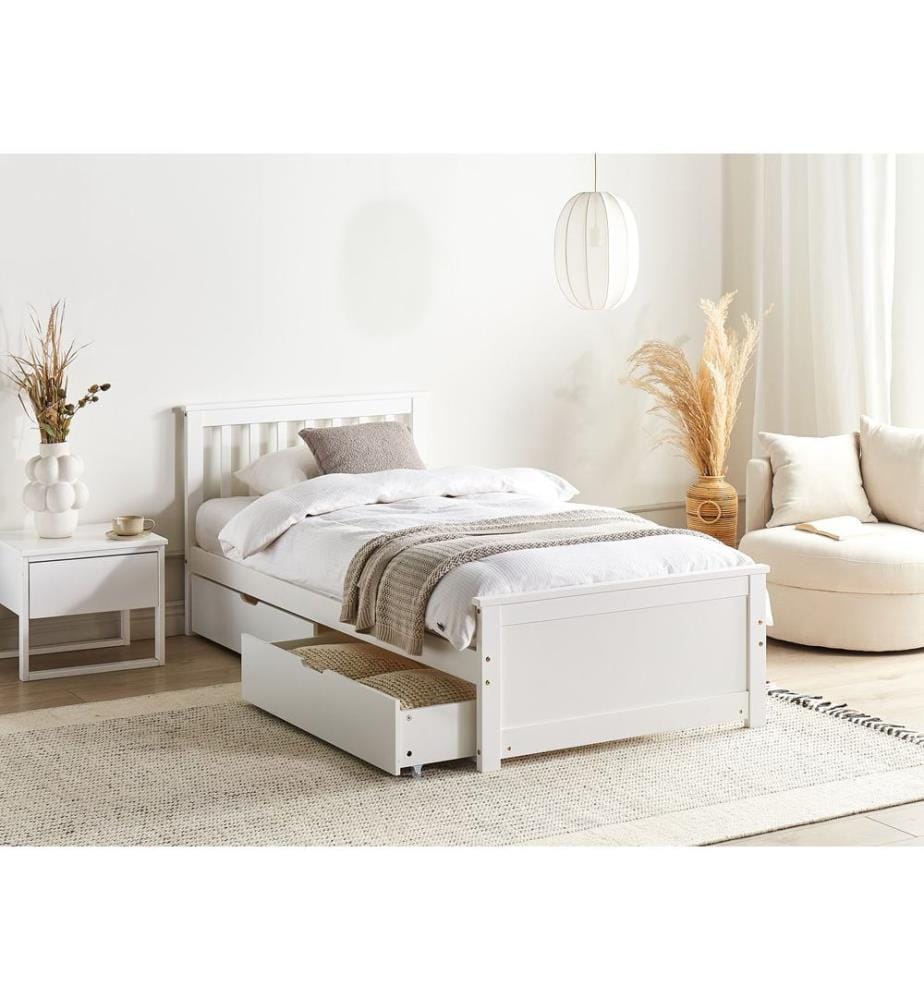 Lit avec 2 tiroirs Bois de pin OLENDON 90 x 200 cm Blanc
