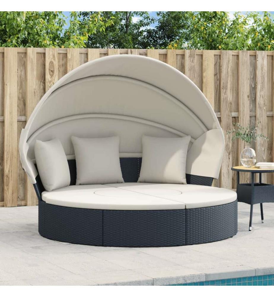 Outdoor-Loungebett mit Dach und Kissen Schwarz Poly Rattan