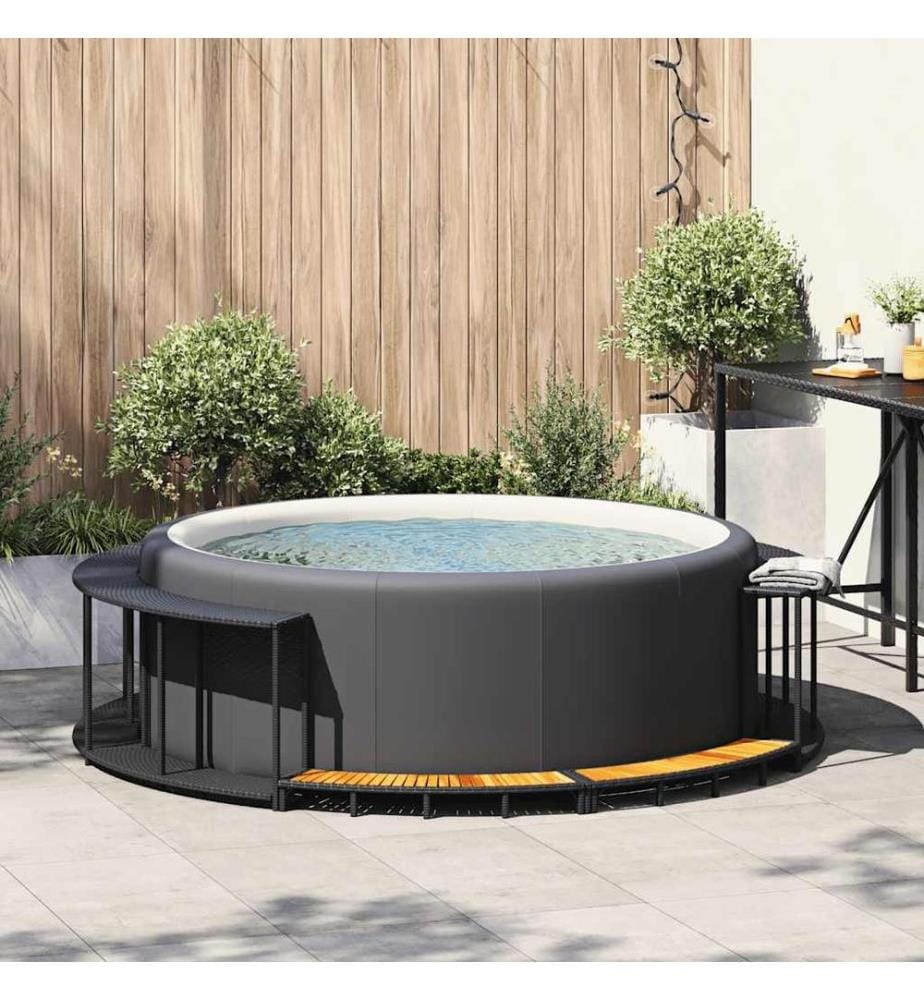 Whirlpool-Umrandung mit Stauraum Holztreppe Schwarz Poly Rattan