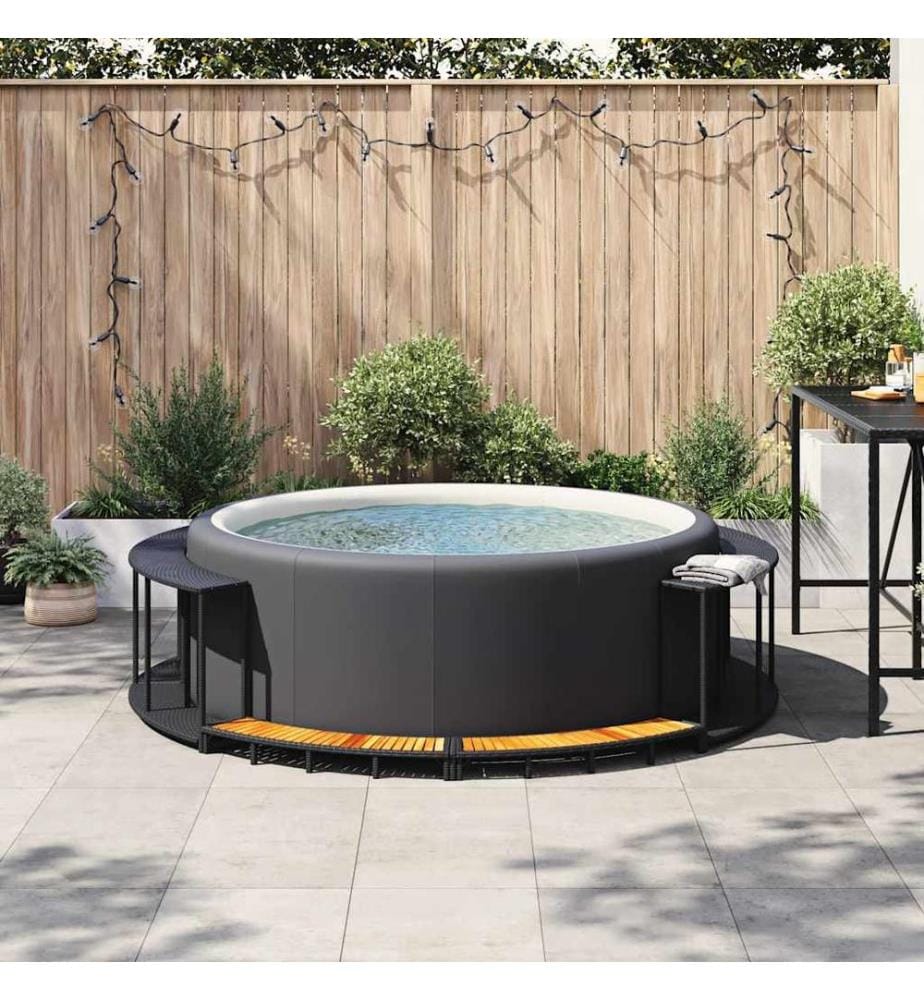 Whirlpool-Umrandung mit Stauraum Holztreppe Schwarz Poly Rattan