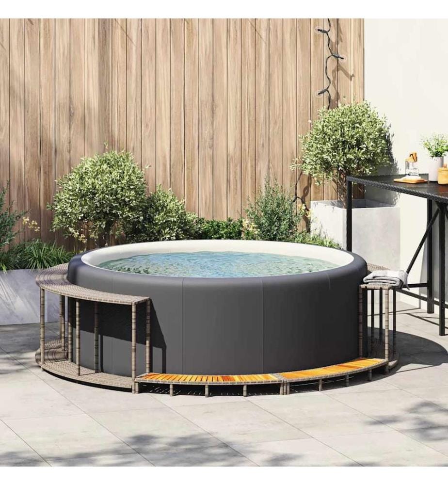 Whirlpool-Umrandung mit Stauraum Holztreppe Grau Poly Rattan
