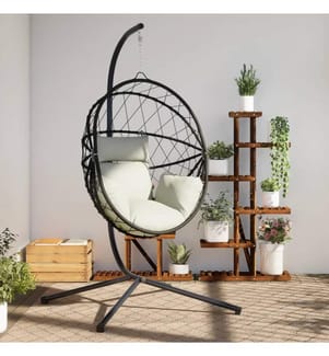 Chaise suspendue en forme d'oeuf et support beige rotin et acier