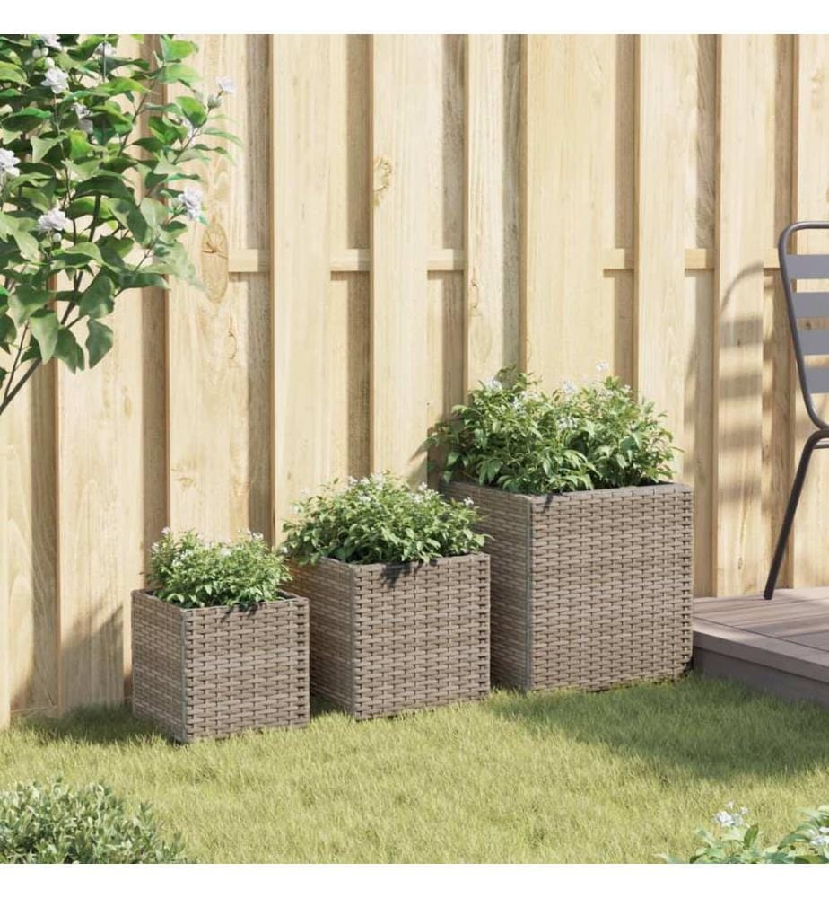 Pflanzkübel 3 Stk. Grau Poly Rattan