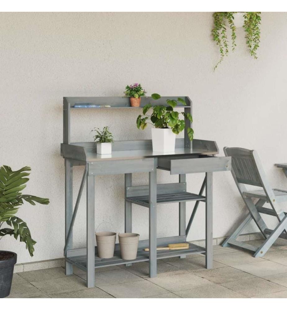 Pflanztisch mit Ablagen Grau Massivholz Tanne
