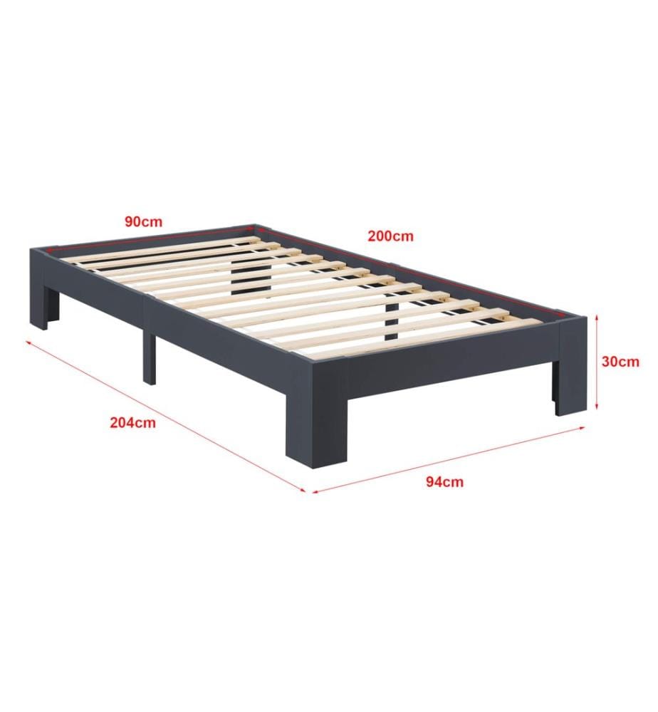 Lit en bois Raisio 90x200 cm avec sommier à lattes Gris