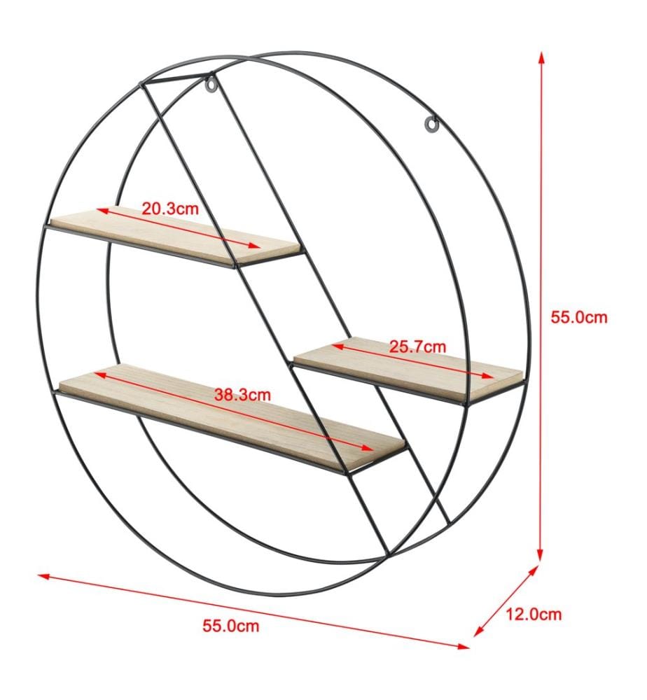 Wandregal Jal 55x12x55 cm Runddesign mit 3 Ablagen Schwarz