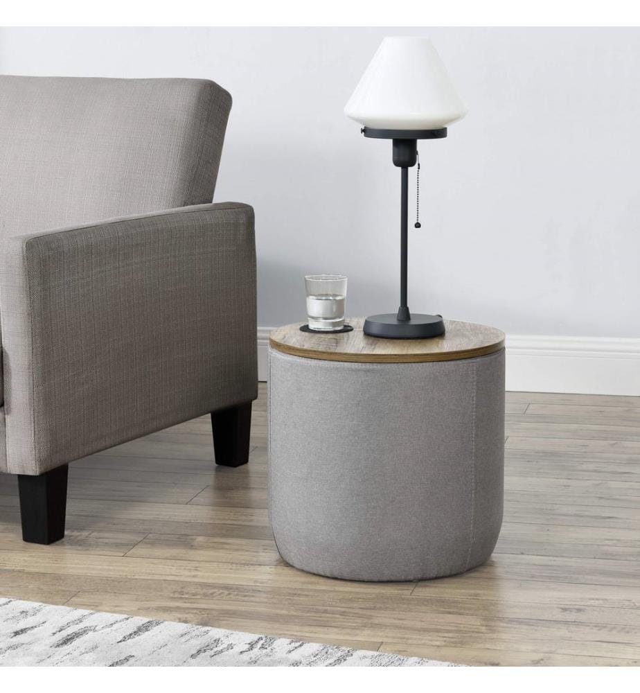 Table d'appoint Napier avec rangement, ronde, gris, finition bois