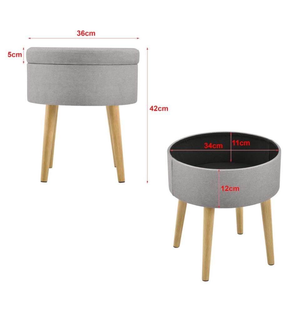 Table d'appoint Aurere Ø 36 cm, rembourrée avec espace de rangement, bois naturel, gris