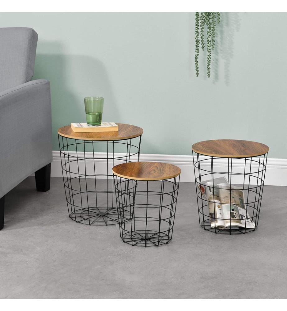 Metallkorb Beistelltisch Curno 3er Set Eiche Antik