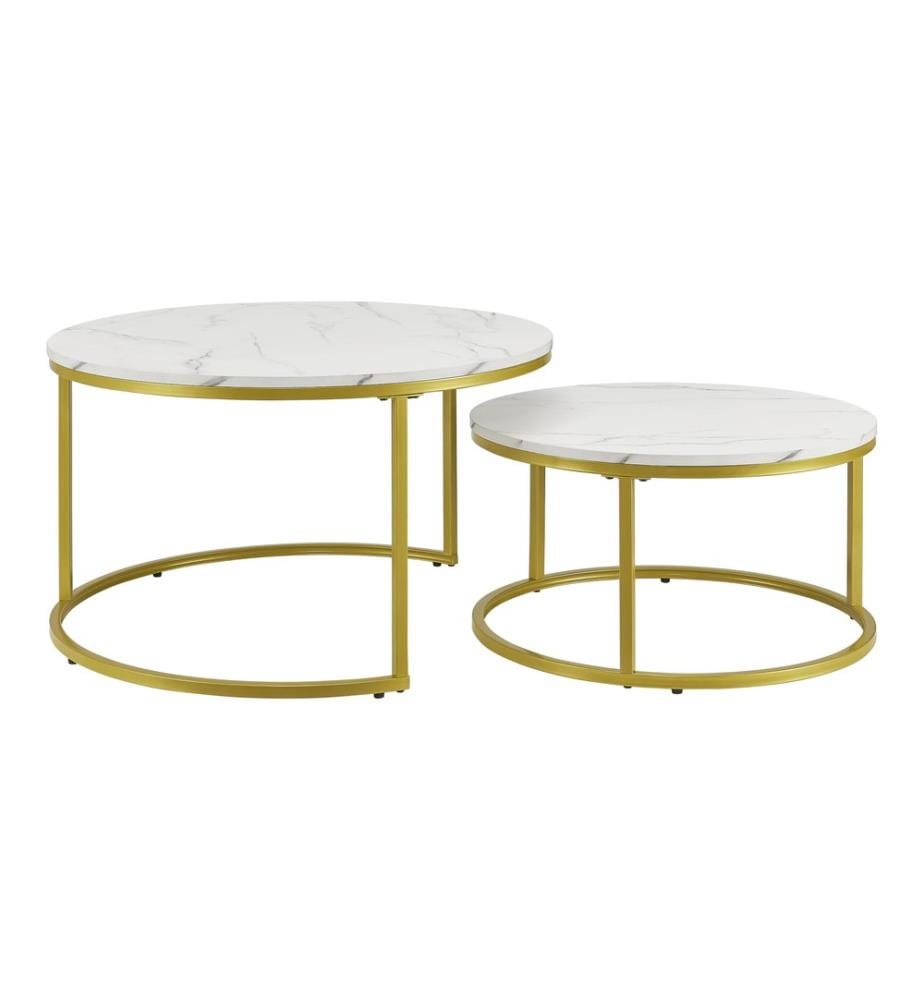 Lot de 2 tables basses Christchurch rondes en marbre. Blanc et or