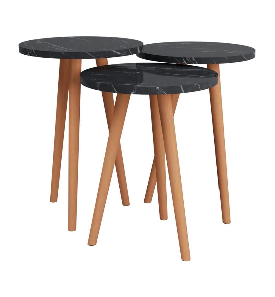 Lot de 3 tables d'appoint Herrljunga, rondes, aspect marbre, noir