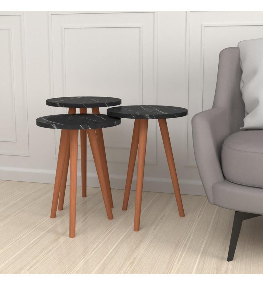 Lot de 3 tables d'appoint Herrljunga, rondes, aspect marbre, noir