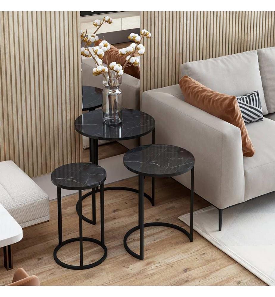 Lot de 3 tables d'appoint Frederiksværk, aspect marbre noir