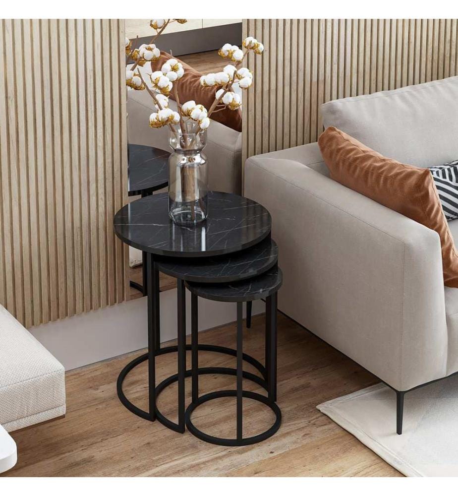 Lot de 3 tables d'appoint Frederiksværk, aspect marbre noir