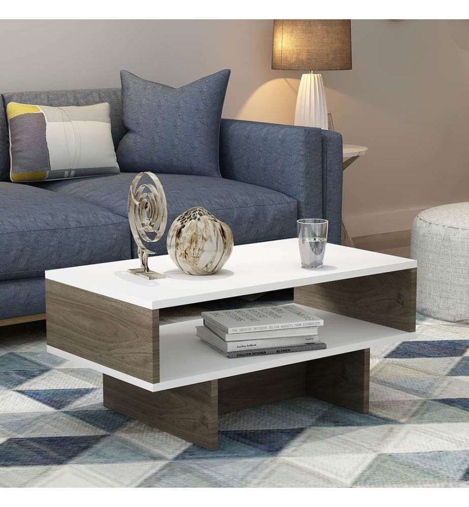 Table basse Mjölby 36,4 x 80 x 45 cm, blanc et noyer