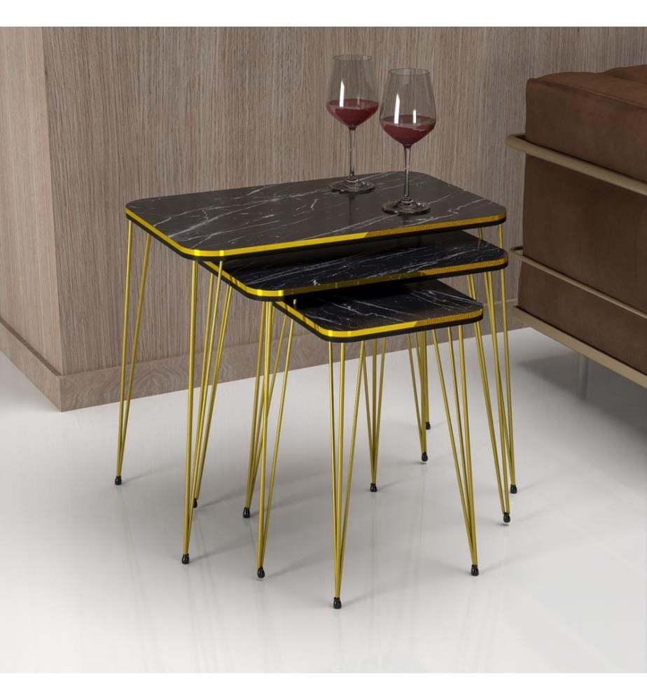 Ensemble de 3 tables gigognes Rudkøbing, aspect marbre noir et doré
