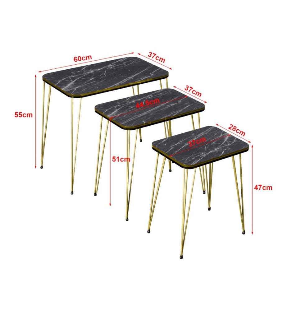 Ensemble de 3 tables gigognes Rudkøbing, aspect marbre noir et doré