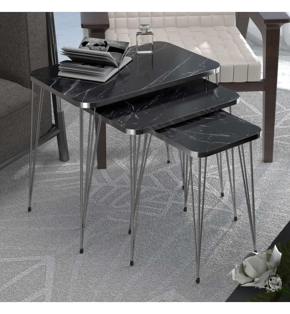 Ensemble de 3 tables gigognes Samsø, aspect marbre noir