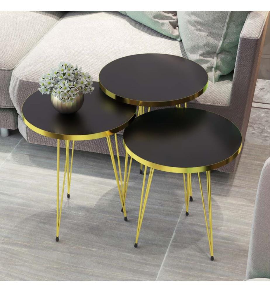 Ensemble de 3 tables gigognes Skibby, noir et or