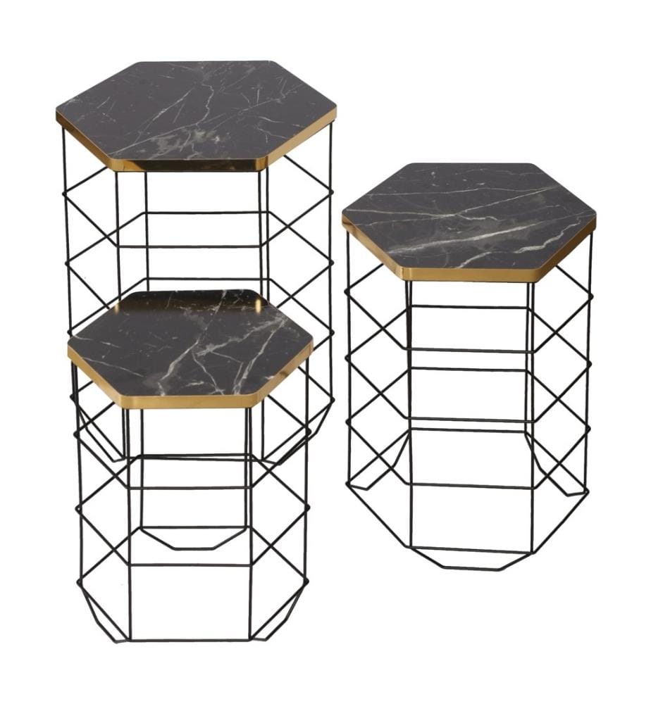 Beistelltisch-Set Hørning 3er Set Metallkorb Schwarz Marmoroptik