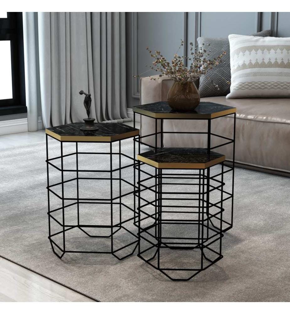 Beistelltisch-Set Hørning 3er Set Metallkorb Schwarz Marmoroptik