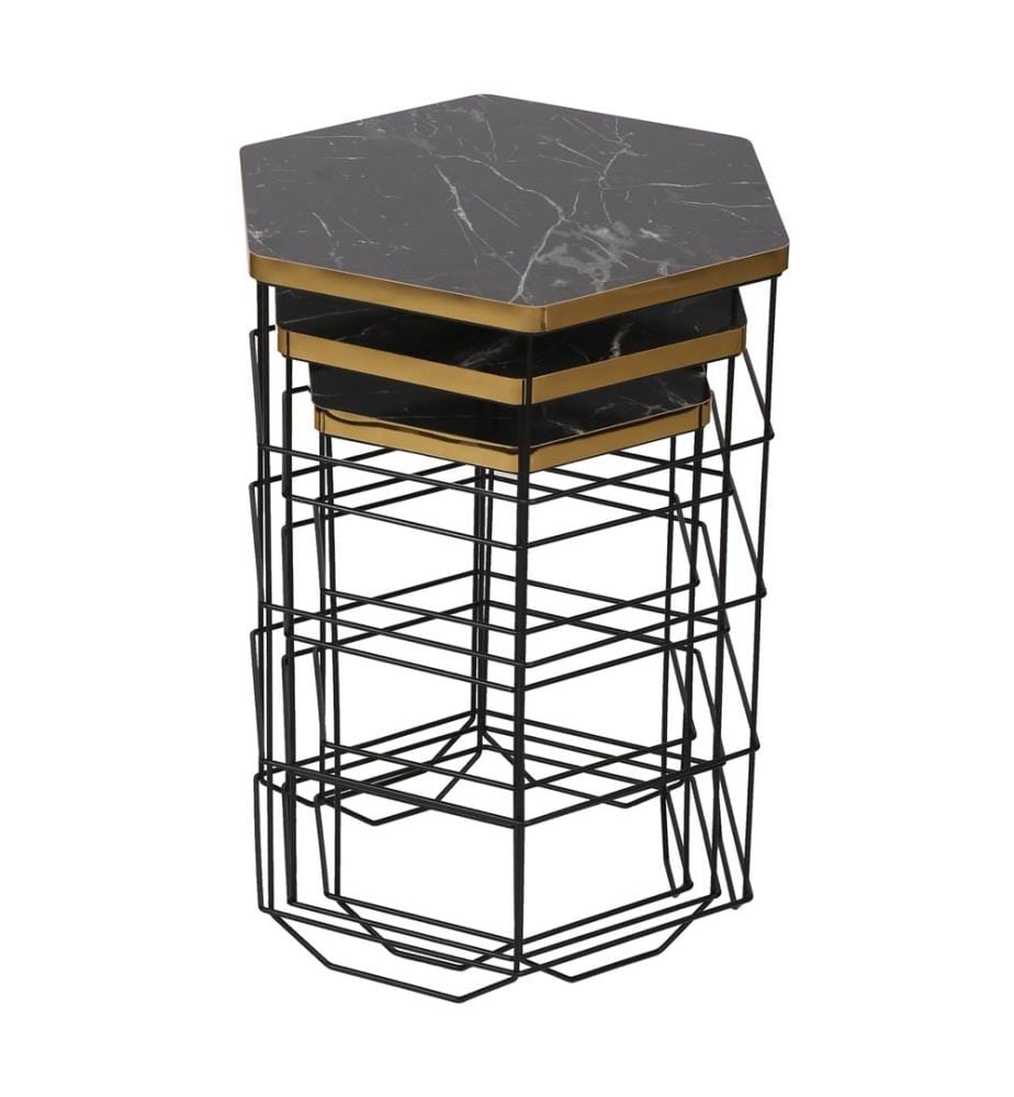 Beistelltisch-Set Hørning 3er Set Metallkorb Schwarz Marmoroptik