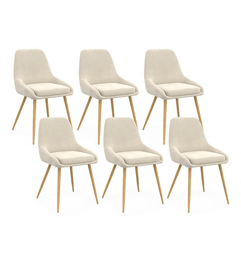 Set of 6 Olivia chairs in cream velvet with wooden legs
