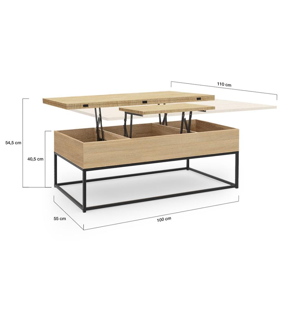 Memphis Liftable and Extendable Coffee Table with Folding Top 100 x 55 x 40.5/54.5cm - Wood