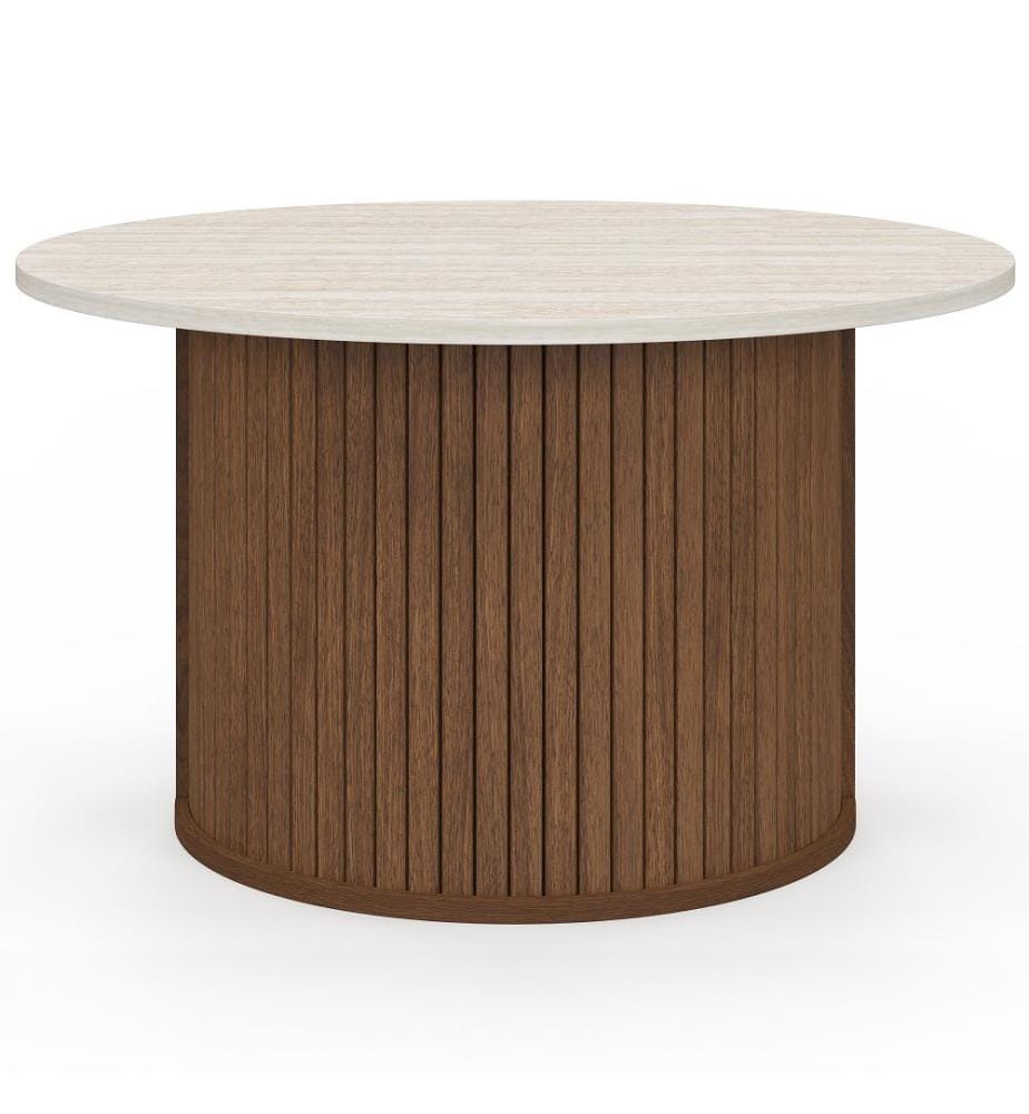Albane Round Coffee Table - Travertine and Walnut