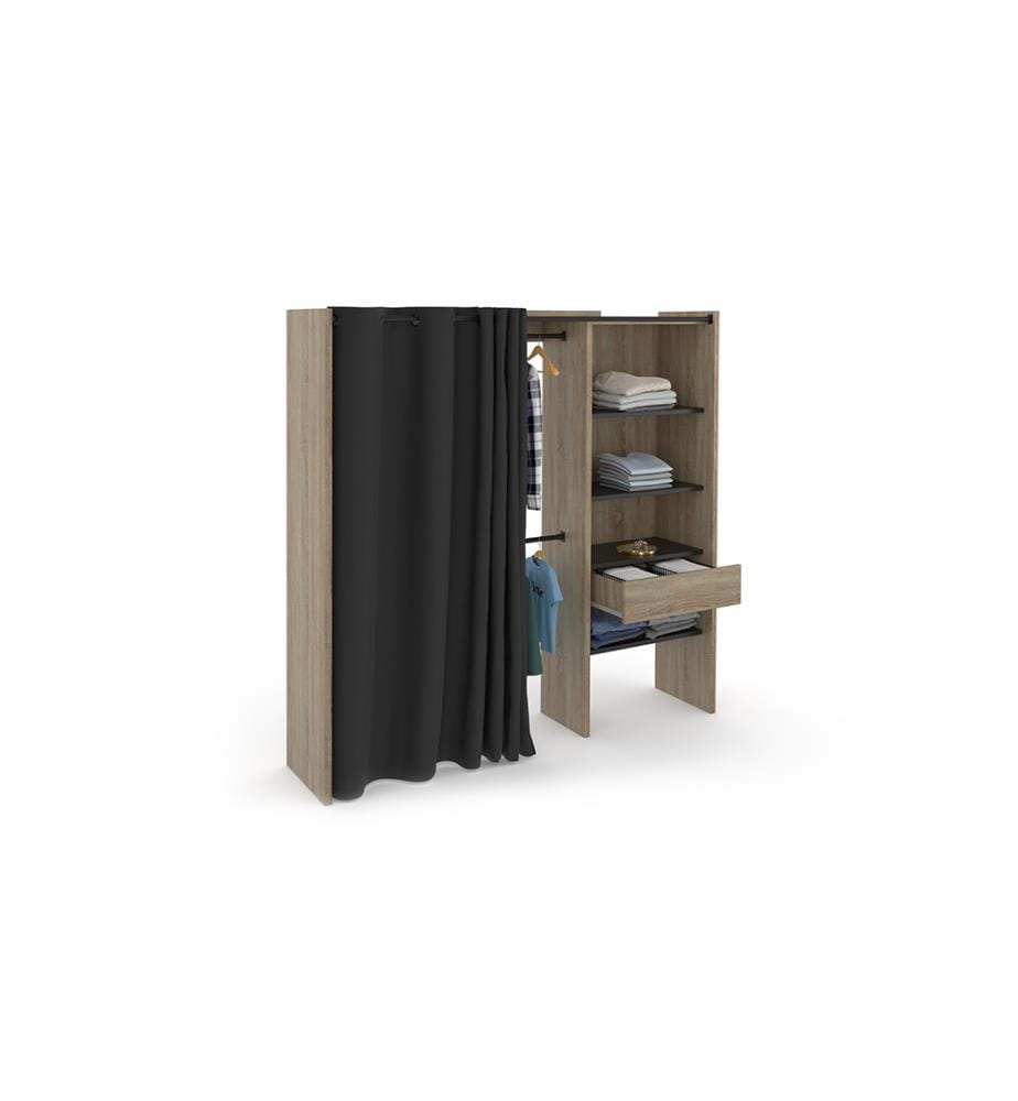Expandable Dressing Room With Column And Curtain 120-170x180cm - Wood and Black
