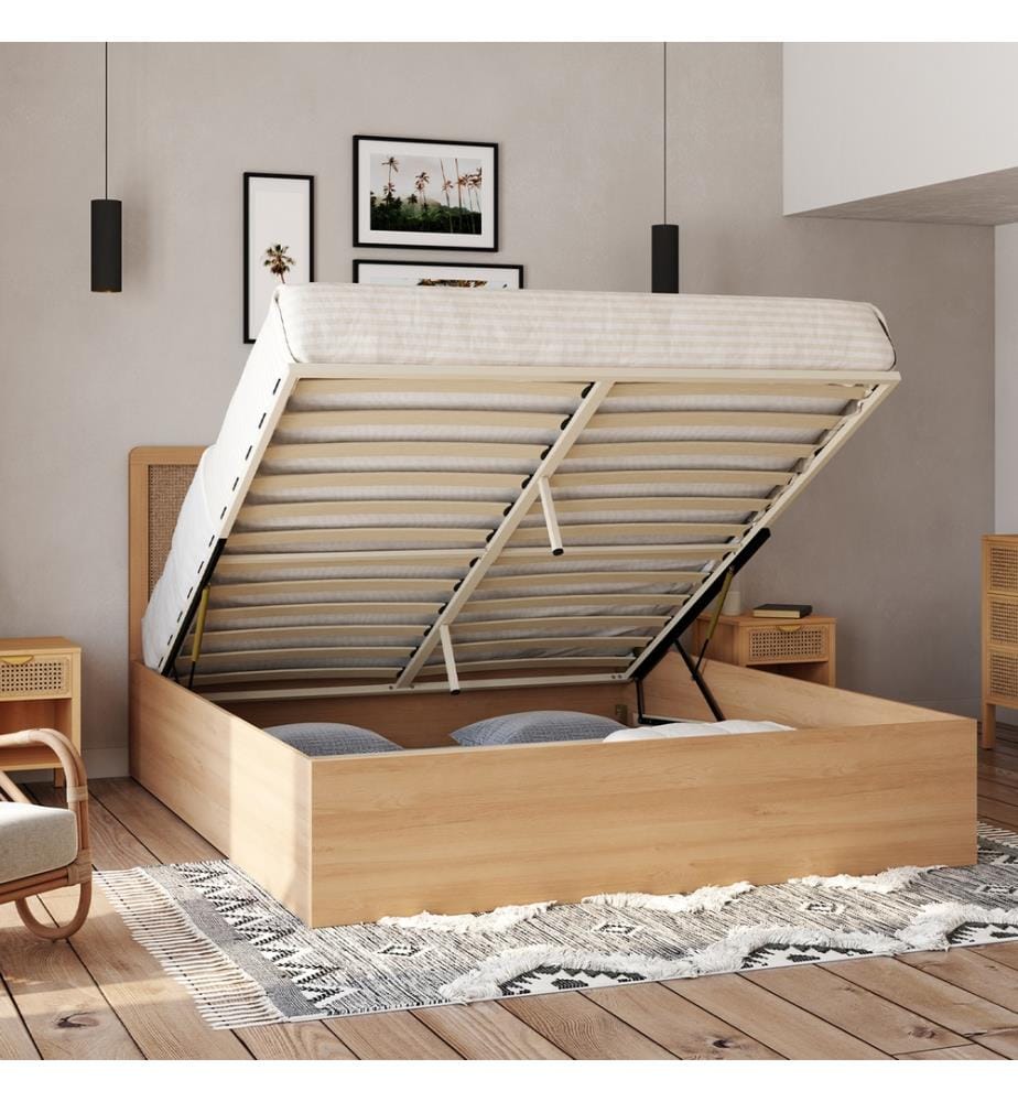 Lit coffre Eve avec sommier et tête de lit en cannage 160x200cm 
